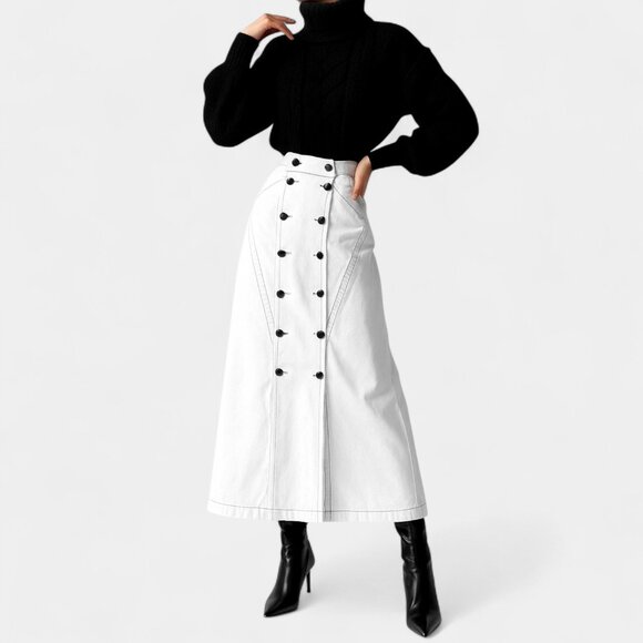 Jason Wu White Button Front Detail A-Line Denim High Waisted Maxi Skirt Size XS - Picture 3 of 6
